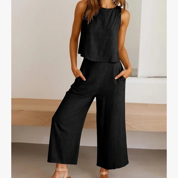 ANRABESS Summer 2 Piece Outfits Sleeveless Crop Top Black Wide Leg Pants Linen M - Picture 14 of 14